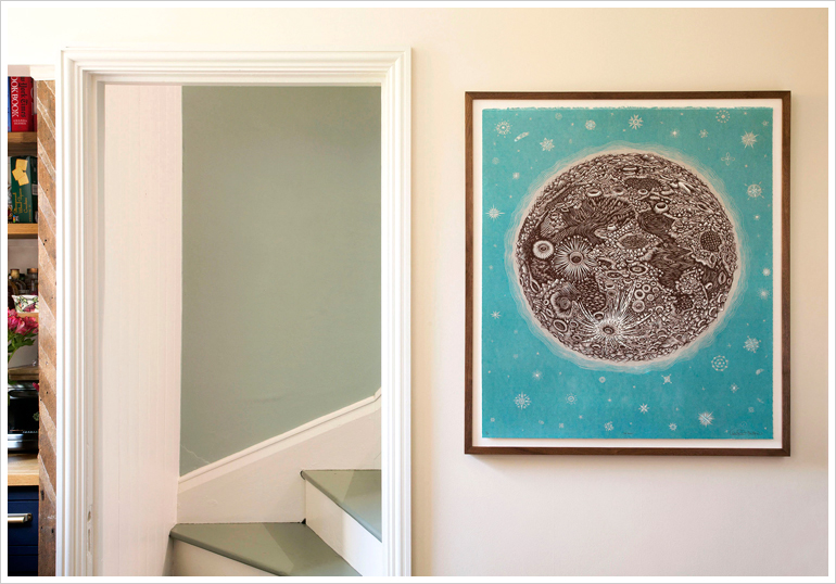 The Moon Woodcut Print framed in Natural Walnut