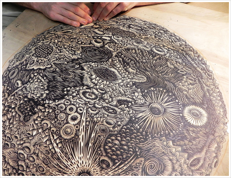 The Moon Woodcut Print in Progress