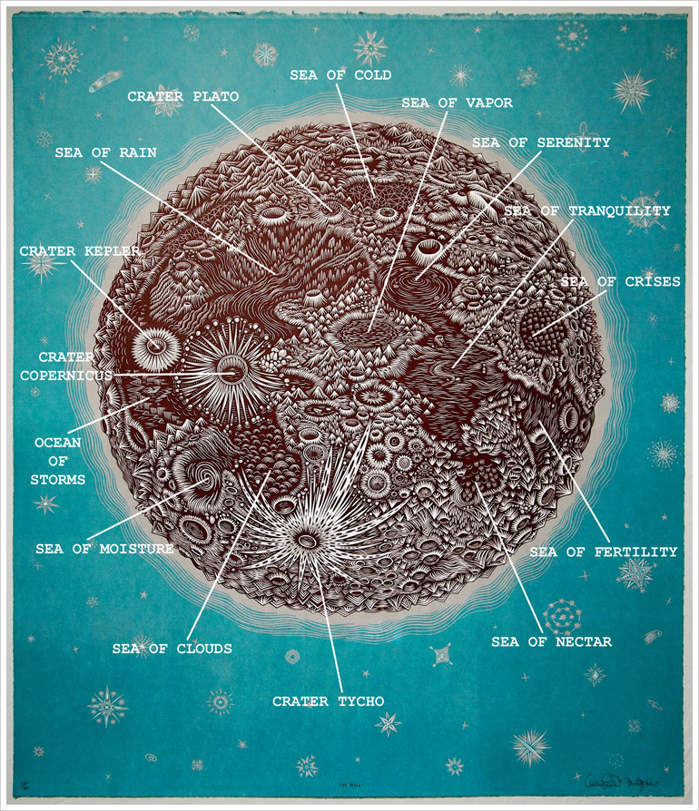 THE MOON Woodcut Print Map Woodblock Print Map by Tugboat Printshop